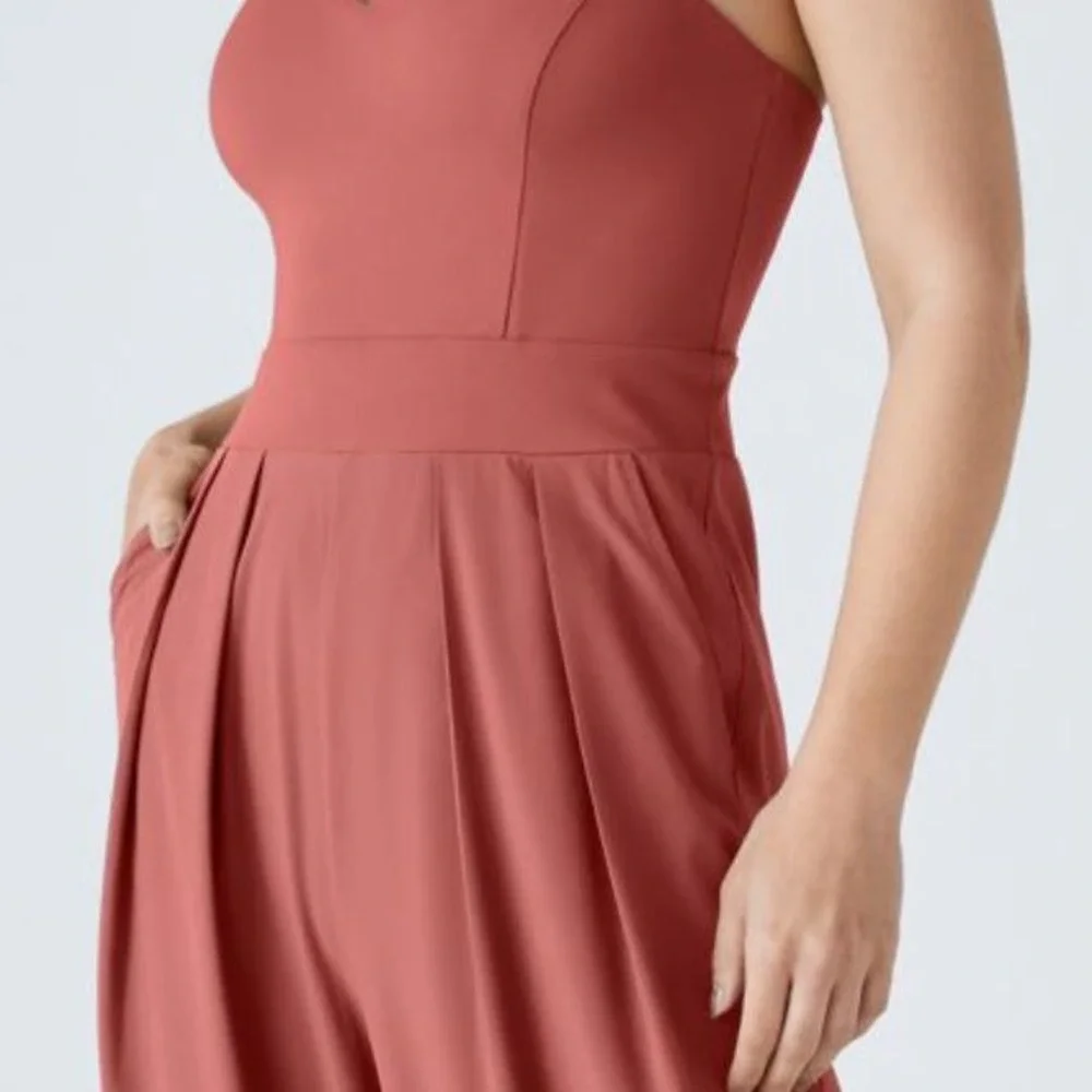 Backless Side Invisible Zipper Pocket Wide Leg Quick Dry Resort Slip Jumpsuit - Picture 4 of 5